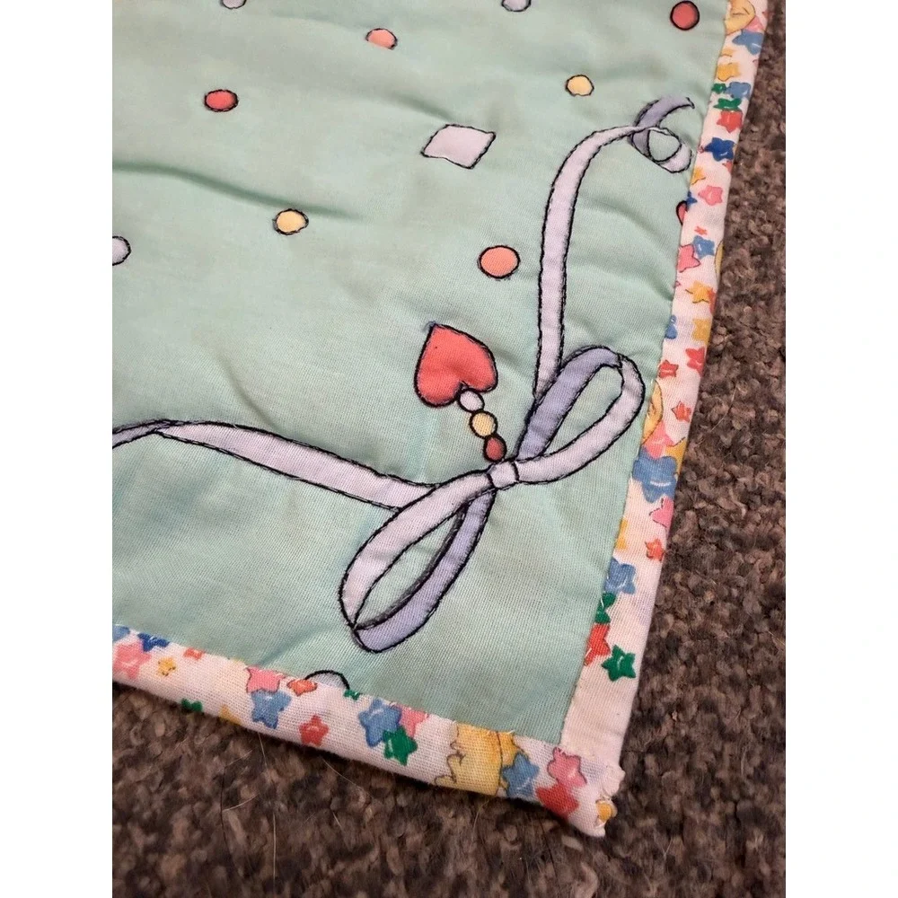 Vintage Sue Dreamer Teddy Bear Baby Quilt Blanket Mint Green Pastel 33x43